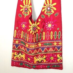 Red Embroidered Hobo Bag Hippie Boho Floral Colorful‎ Ethnic Sling Shoulder Bag
